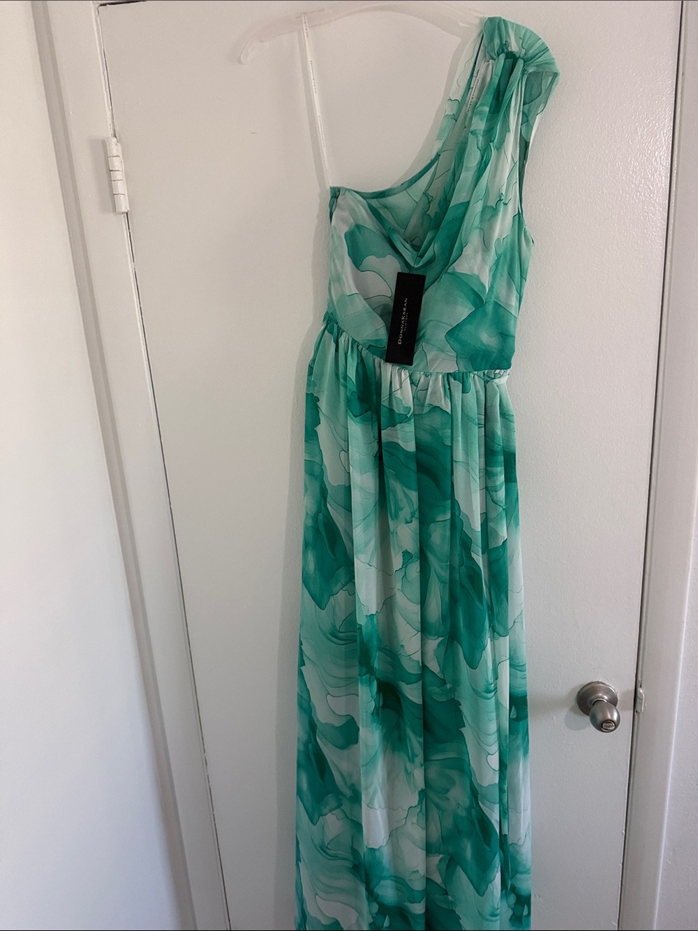 Donna Karan Teal Marble-Effect One-Shoulder Maxi Dress